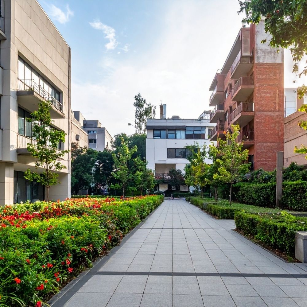 Exterior of Apartment Buildings with Green Space